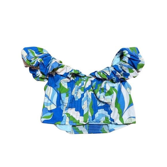 Maeve by Anthropologie Puff-Sleeve Cropped Blouse Tropical Floral Ruffle Sz  M B - Picture 5 of 13